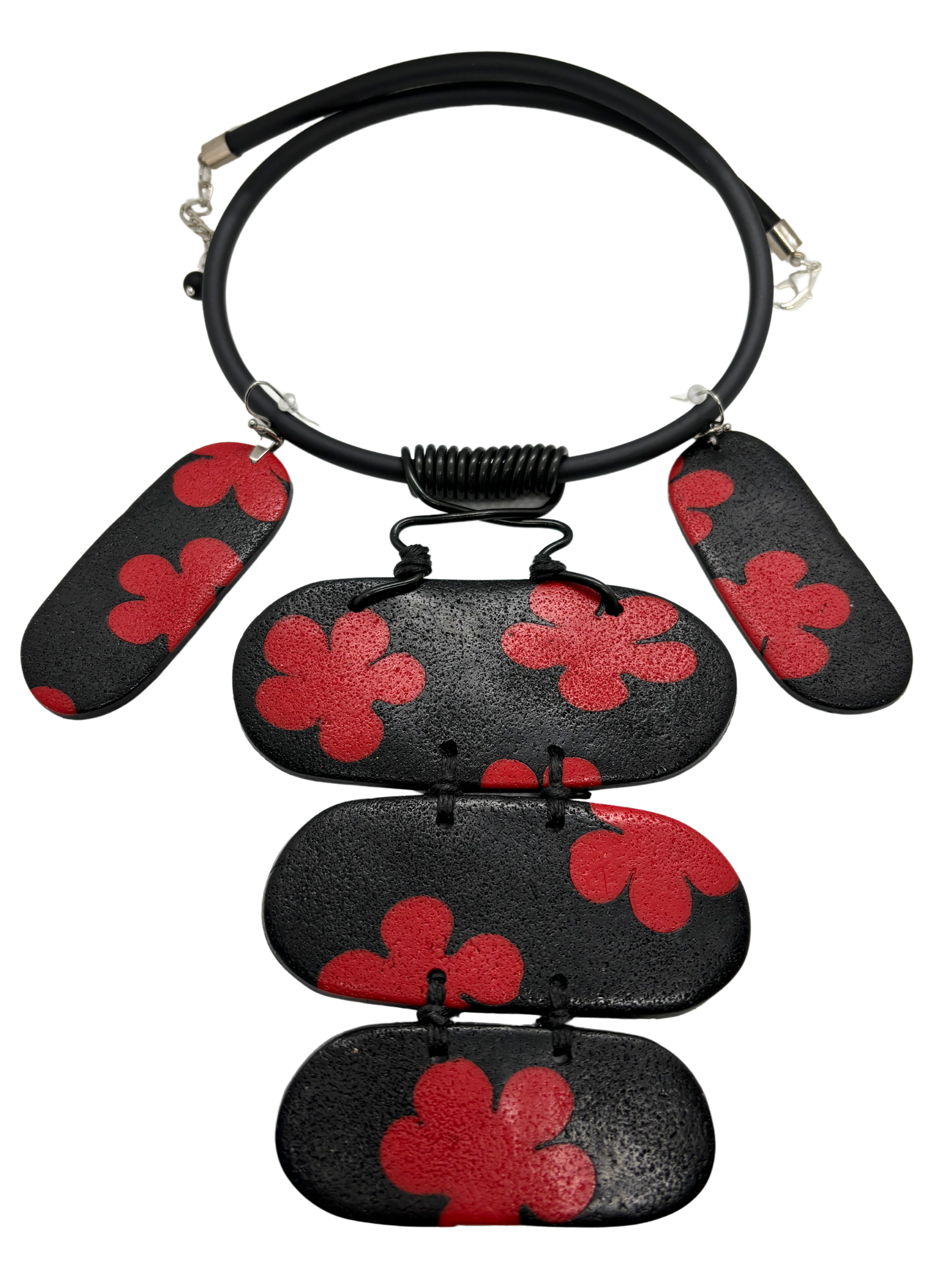 Black and Red Flower Necklace with Paddle Earrings Necklace Set