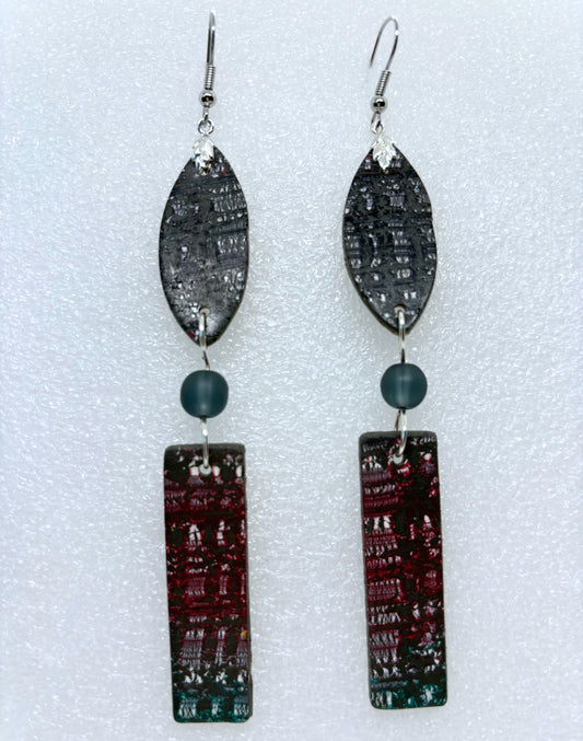 Two Tier Gray, Burgundy, and Green Tweed Earrings