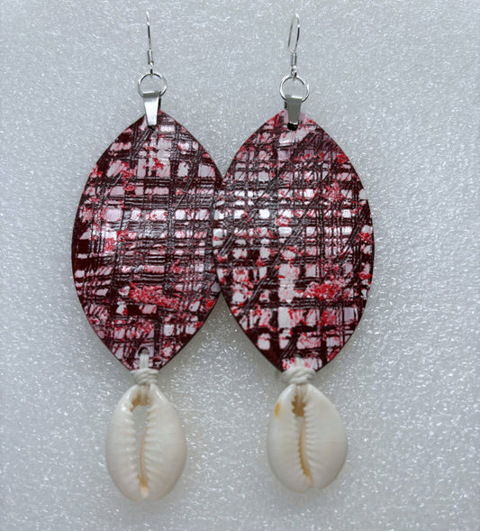 Shield Shaped Burgundy, Light Pink Tweed Earrings