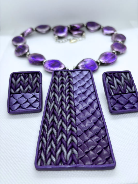 Purple and Gray Knitted Rectangular Necklace Set