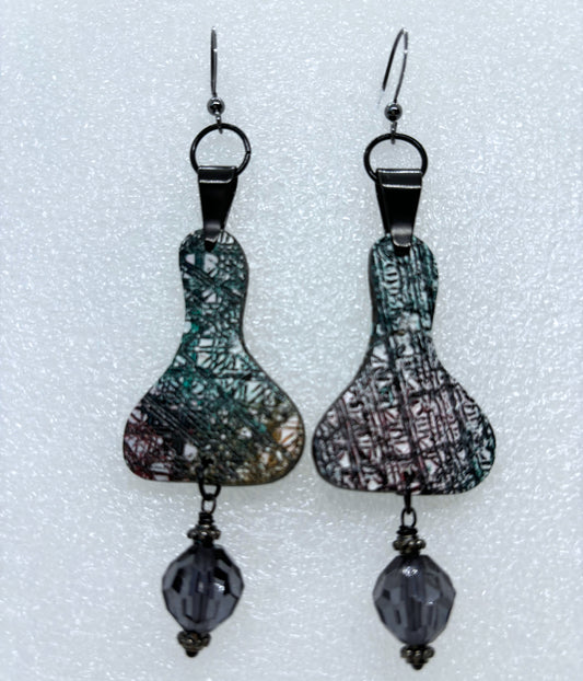 Bell Shaped Burgundy, Black, and Green Tweed Earrings