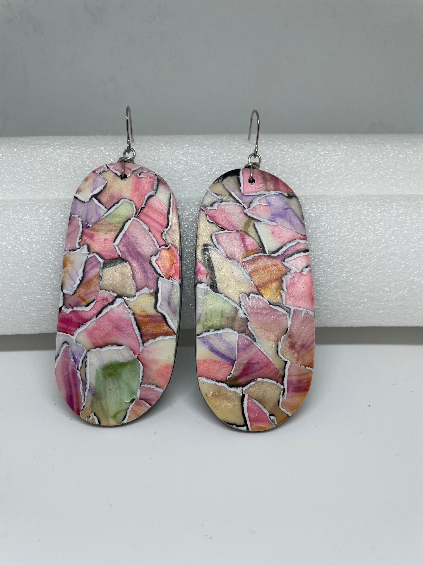 Pink, Gold and Soft Green Painted and Torn Designed Earrings