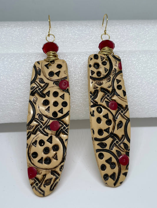 Ecru, Brown, Red , & Ruby Stone Hand Carved Earrings