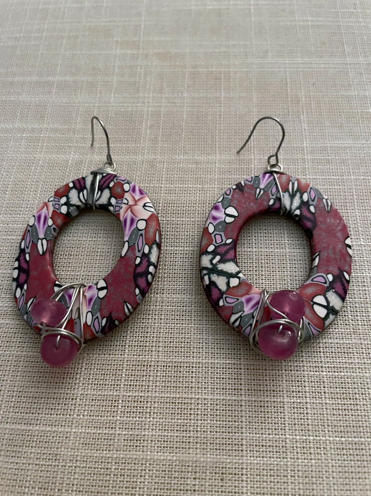 Multi-colored Cane - Rose Crystal Stone Wrapped Earrings